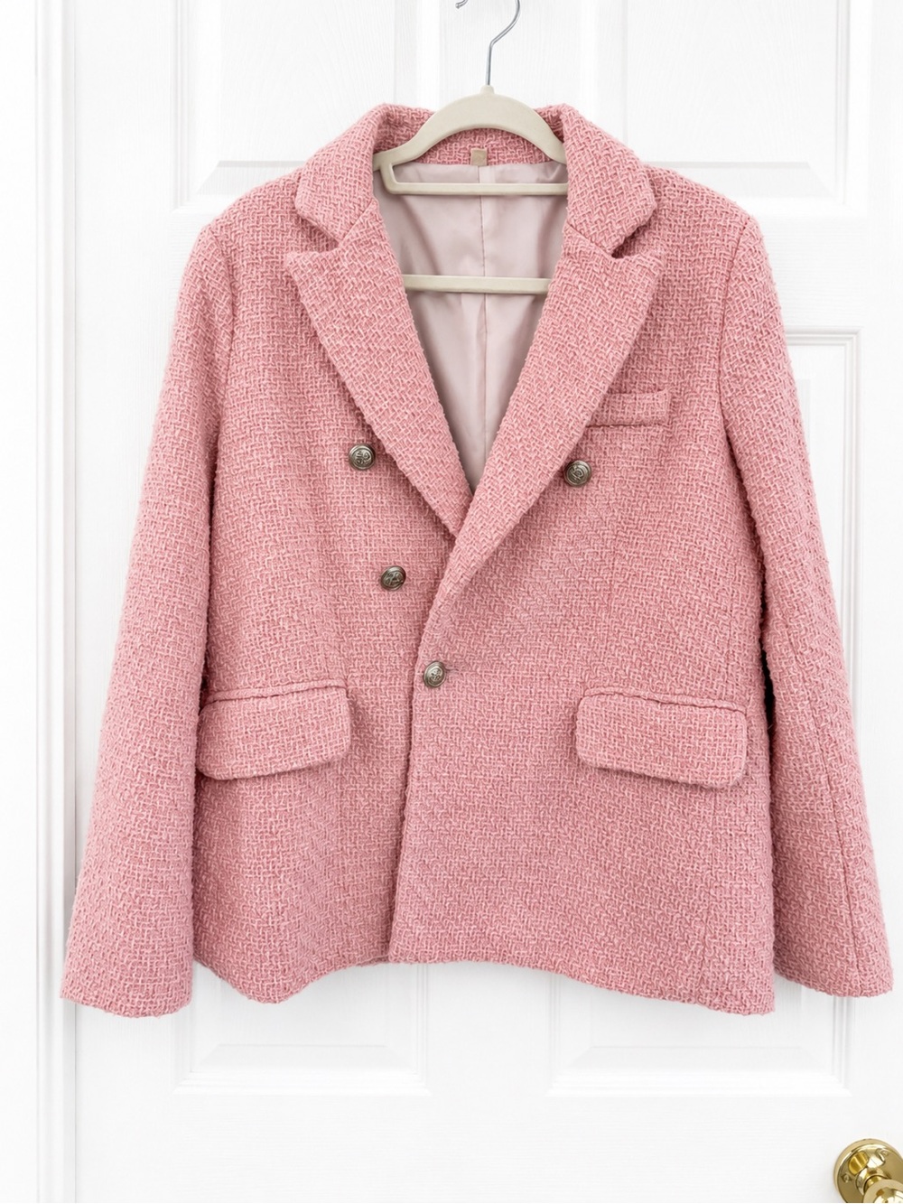 SHEIN Pink Bouclé Double-Breasted Blazer Jacket